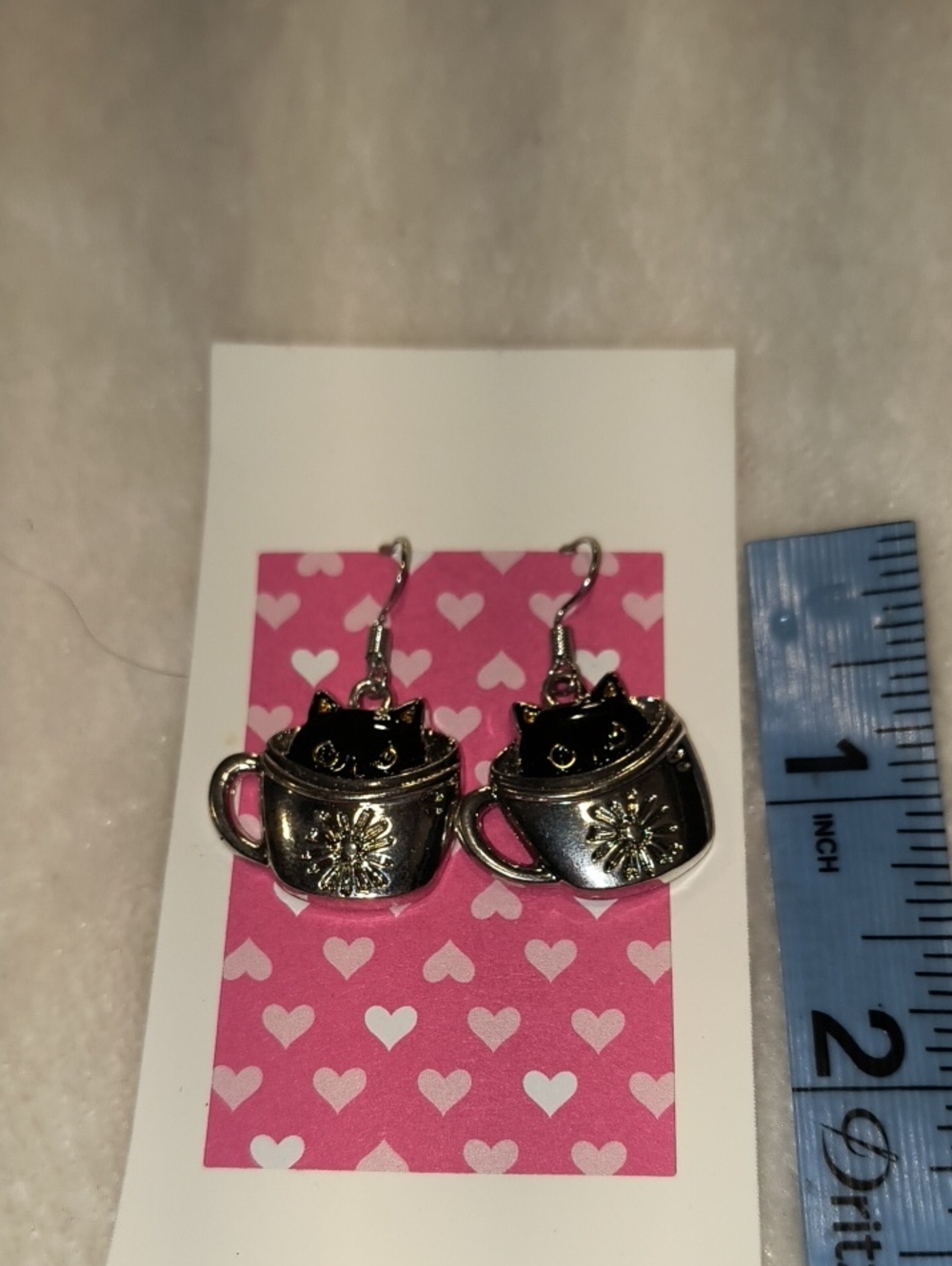 Silver Cat in Teacup Dangle Earrings - Silver